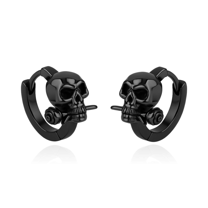 316L Chirurgenstahl Klappcreolen Ohrringe in schwarz 11mm Totenkopf mit Rose