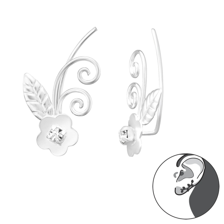 Ear Climber Blume 925 Sterling Silber mit Kristall Ohrstecker Ohrklemme