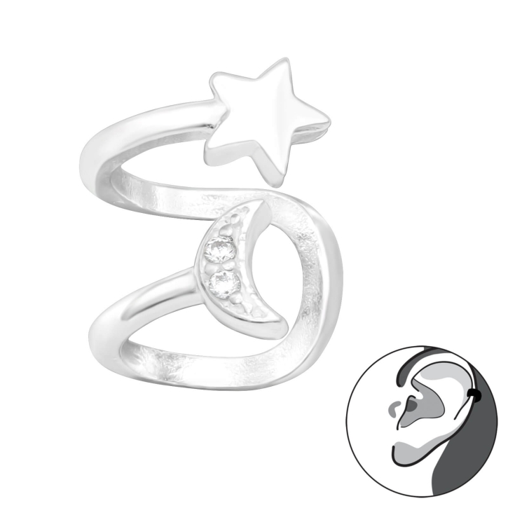 925 Sterling Silber 2-ringige Ohrmanschette mit Mond & Stern Ear Cuff Ohrklemme