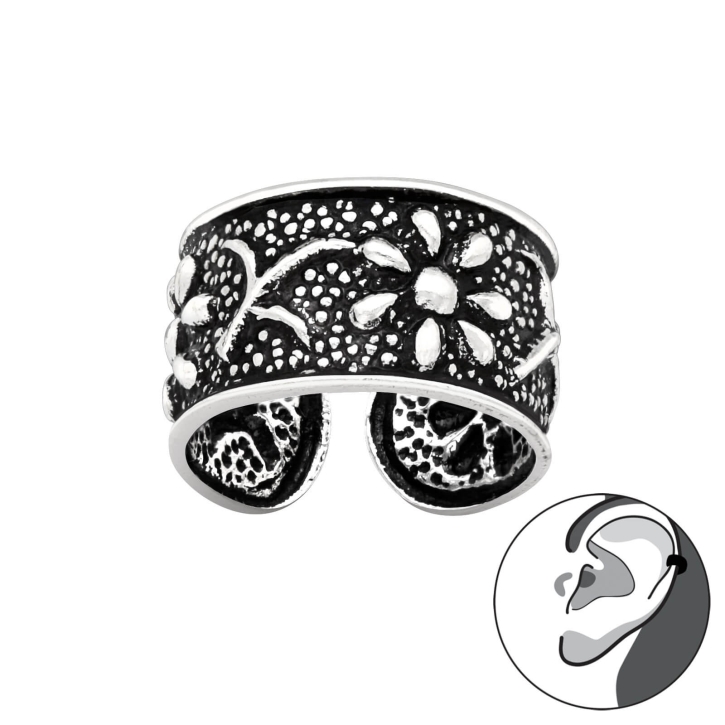 Ear Cuff 925 Sterling Silber oxidiert Ohrklemme mit Blumen