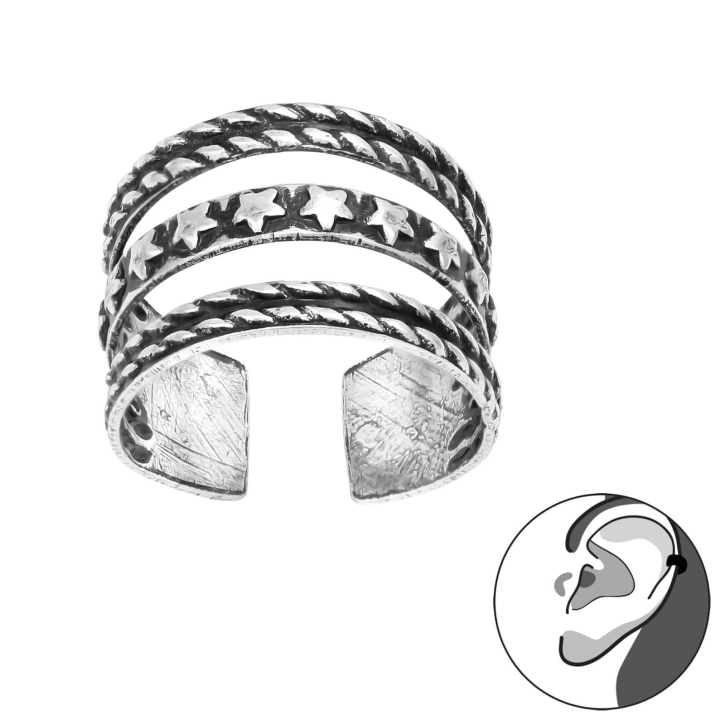 925 Sterling Silber geschwärzte 3-ringige Ohrmanschette mit Mustern und Sternen Ear Cuff Ohrklemme