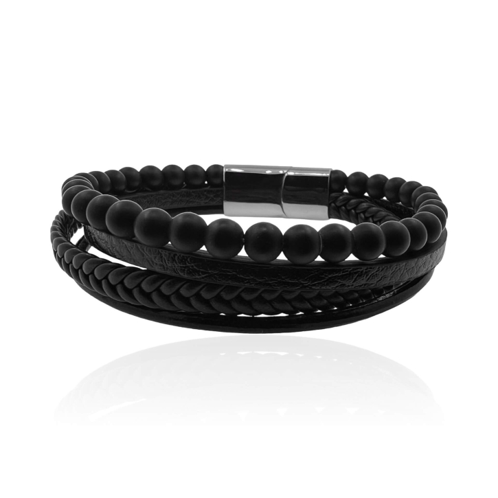 MARTIN1985 Hochwertiges Echtleder Armband 18,5cm Schwarze Achatperlen Unisex Damen Herren mit magnetischem Edelstahlverschluss Geschenkverpackung