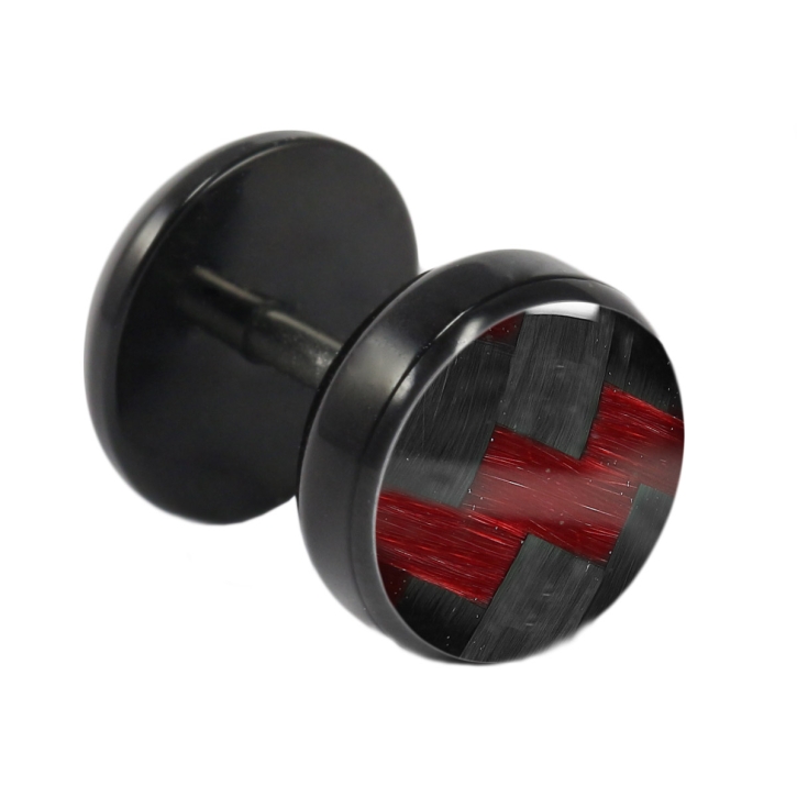 Fake Plug Ohrstecker schwarz Carbonfaser 10mm in rot