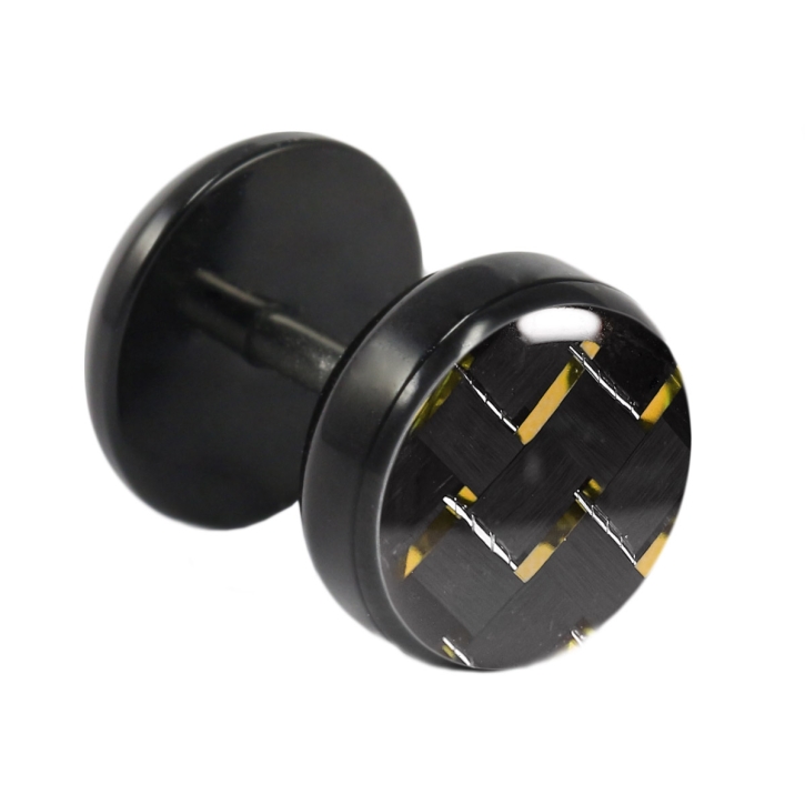 Fake Plug Ohrstecker schwarz Carbonfaser 8mm in schwarz-gelb