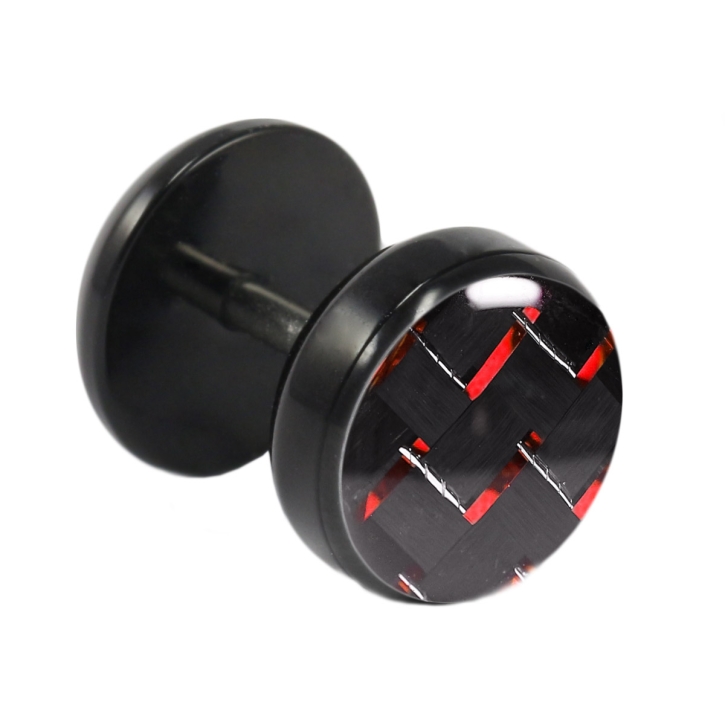 Fake Plug Ohrstecker schwarz Carbonfaser 10mm in schwarz-rot