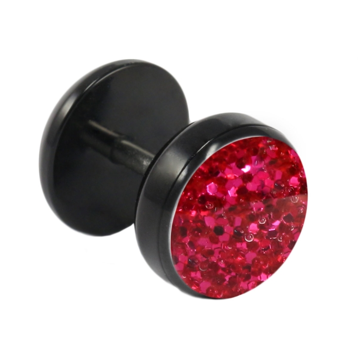 Fake Plug Ohrstecker schwarz Glitterline 8mm in fuchsia