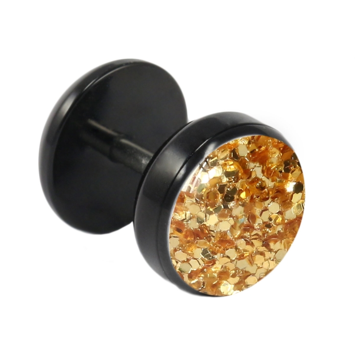 Fake Plug Ohrstecker schwarz Glitterline 10mm in gold