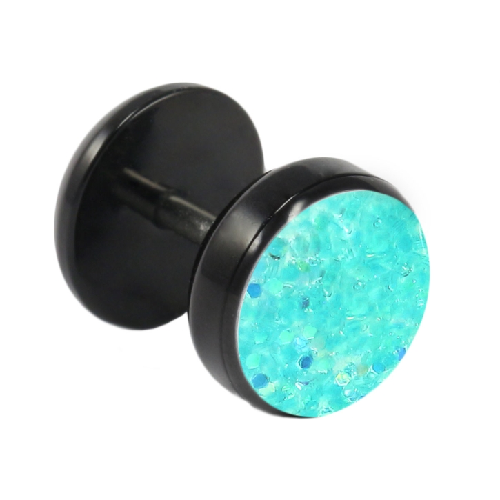 Fake Plug Ohrstecker schwarz Glitterline 6mm in hellblau