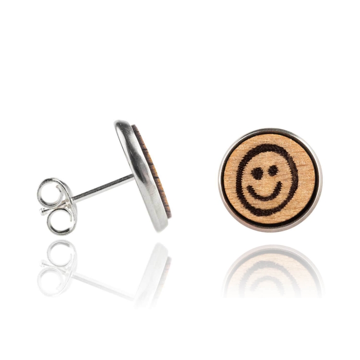 Ohrringe Holzohrstecker Edelstahl mit Smiley lachend in Buchenholz