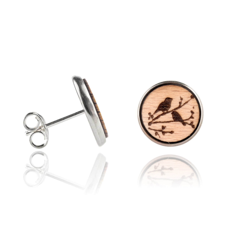 Holzohrstecker Edelstahl mit Vögel auf Ast in Buchenholz