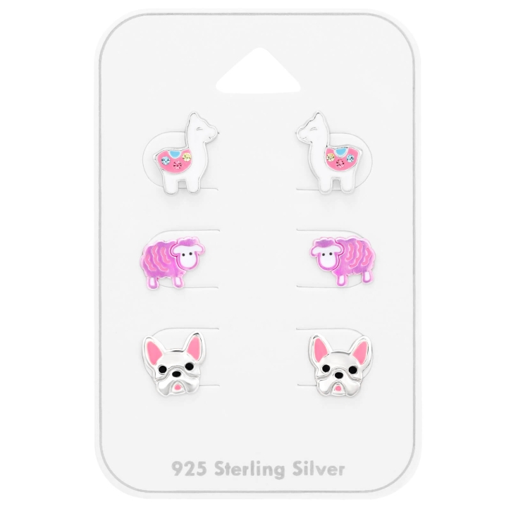 Kinder Ohrringe Ohrstecker Set 925 Sterling Silber mit Alpaka, Schaf & Französischer Bulldogge
