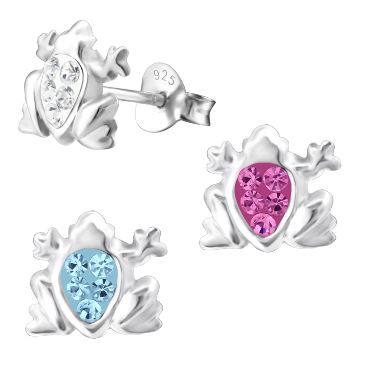 Kinder Ohrringe Ohrstecker 925 Sterling Silber Frosch mit Kristallen in verschiedenen Farben