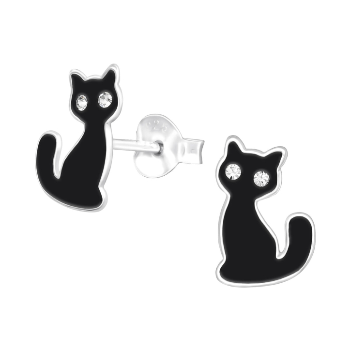 Ohrringe Schwarze Katze Ohrstecker 925 Sterling Silber mit Kristallaugen