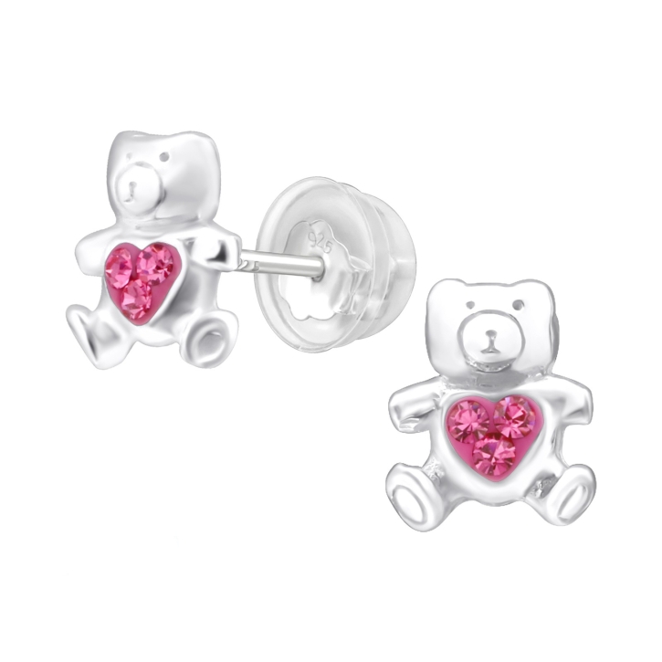 Kinder Ohrringe Ohrstecker 925 Sterling Silber Teddybär mit Kristallen in pink