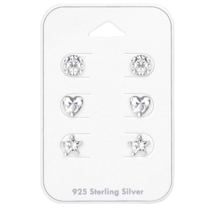 Ohrringe Ohrstecker Set 925 Sterling Silber Kreis, Herz, Stern mit Zirkonia 6mm