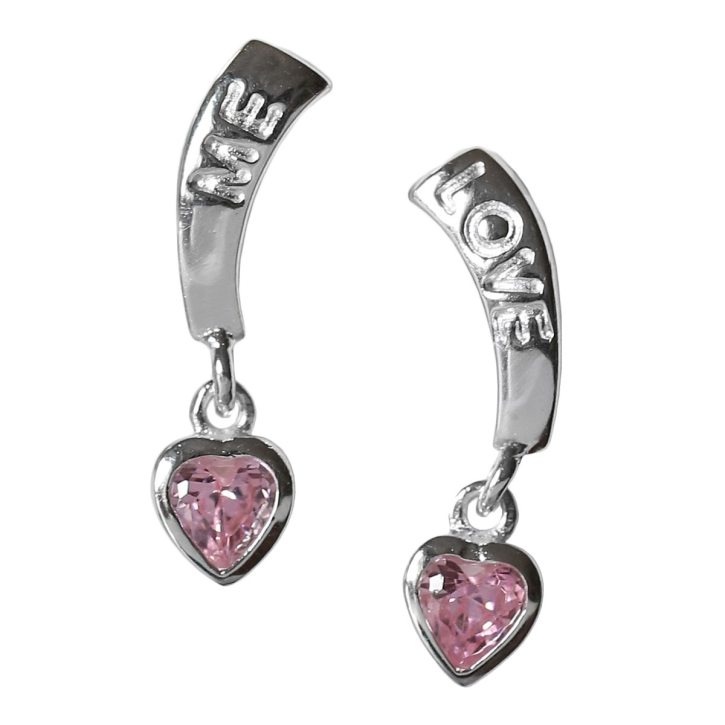 925 Sterling Silber Ohrstecker mit Love-Gravur und pinkem Zirkoniaherz