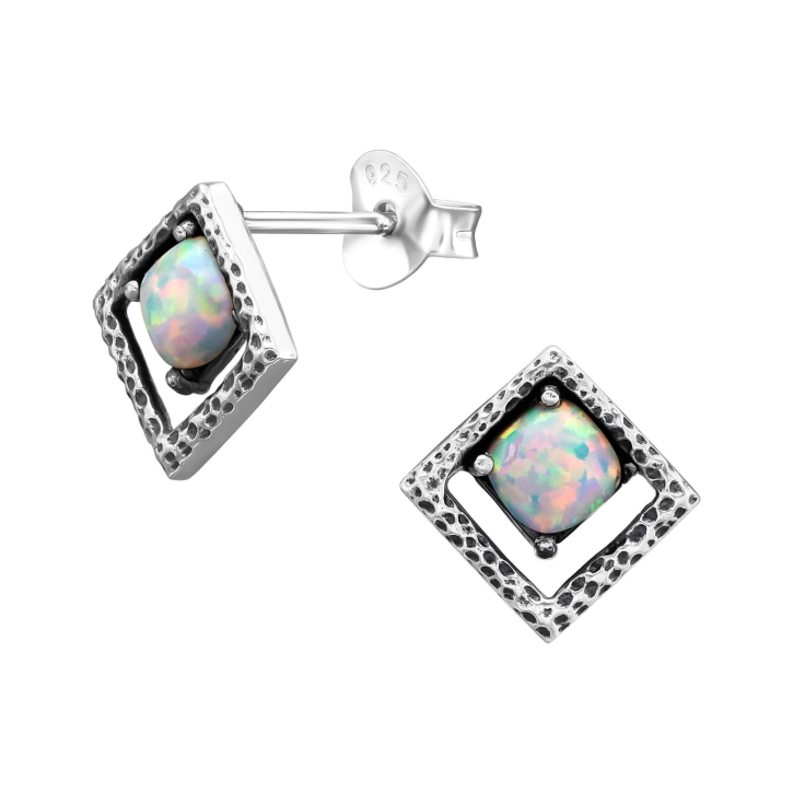 Ohrringe Ohrstecker 925 Sterling Silber quadratisch synthetischer Opal in aurora borealis