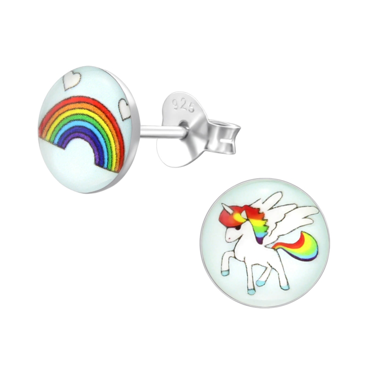 Ohrringe Ohrstecker 925 Sterling Silber Regenbogen und Einhorn