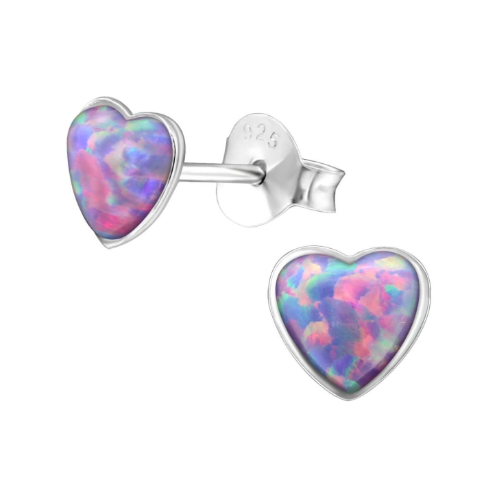 925 Sterling Silber Ohrstecker Herz synthetischer Opal in lila