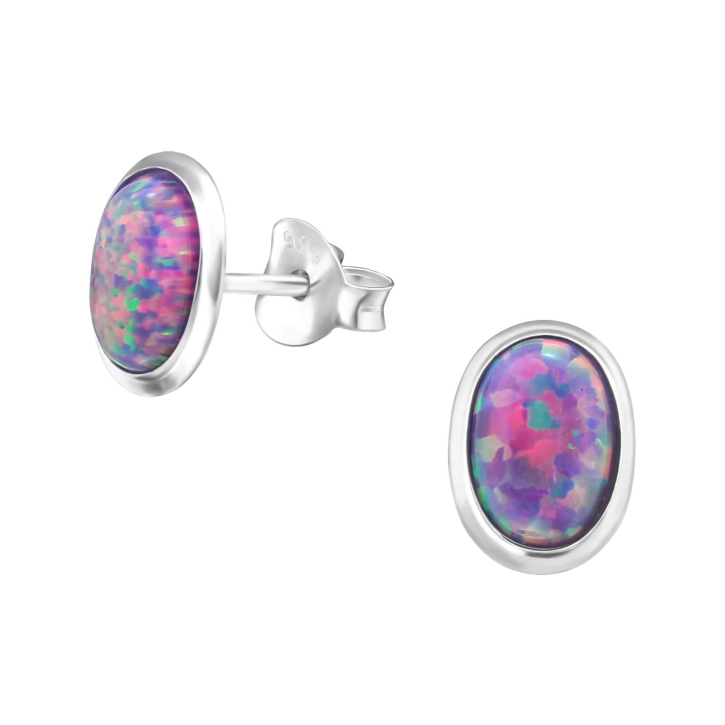 Ohrringe Ohrstecker 925 Sterling Silber synthetischer ovaler Opal 10x6mm in lila