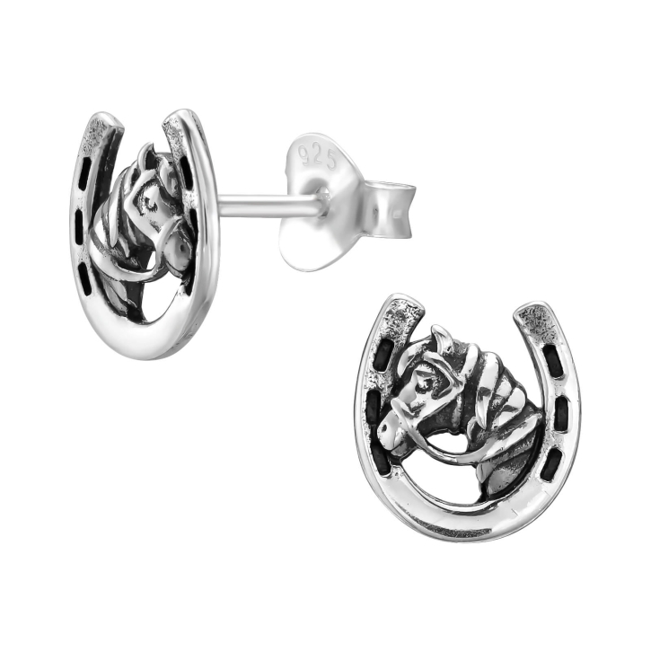 Hufeisen Ohrringe Ohrstecker 925 Sterling Silber mit Pferdekopf