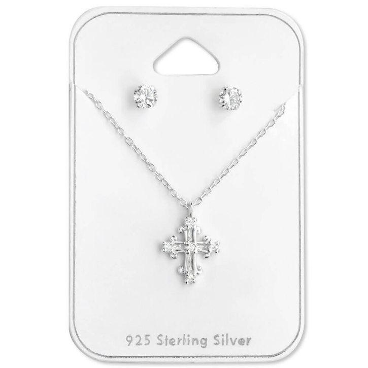 Set 925 Sterling Silber Zirkonia Ohrringe Ohrstecker und Kreuz-Kette