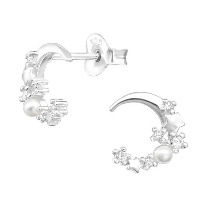 Ohrringe Ohrstecker 925 Sterling Silber Mond mit Zirkoniasteinen und synthetischer Perle