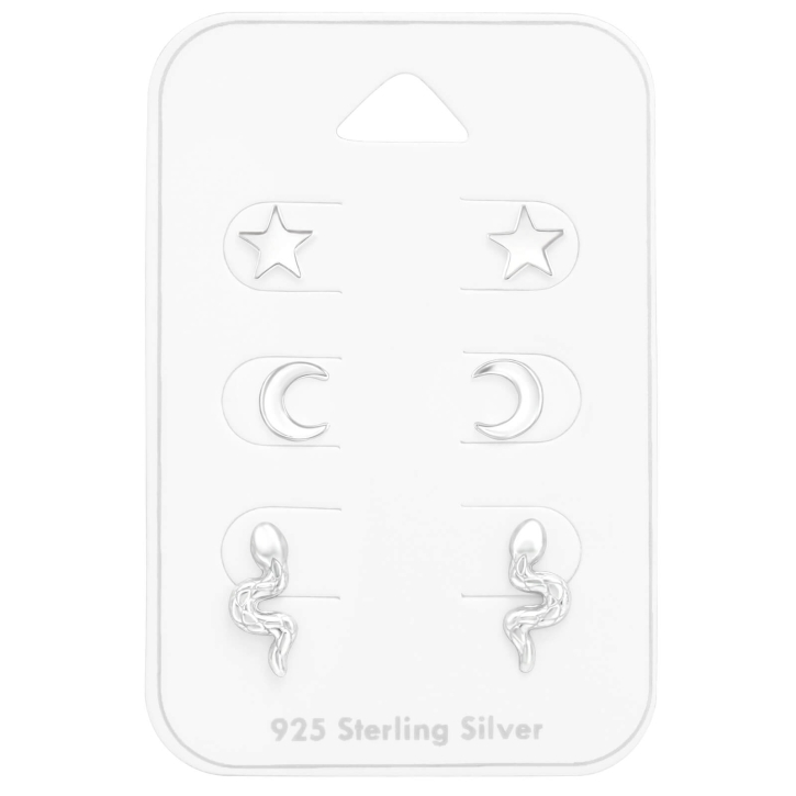 Ohrstecker Set 925 Sterling Silber mit Mond, Stern und Schlange