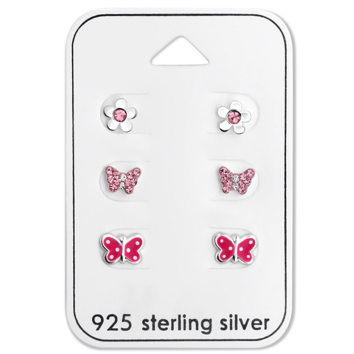 Ohrstecker Set 925 Sterling Silber Schmetterlinge und Blume