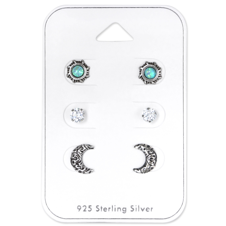 Ohrstecker Set 925 Sterling Silber Ethnischer Mond und Sonne