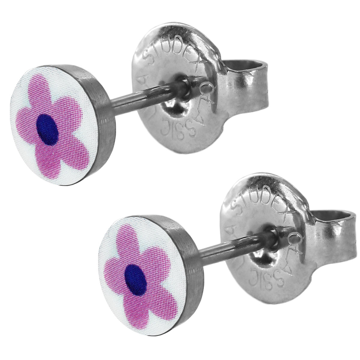 1 Paar Studex Erstohrstecker Ohrringe Chirurgenstahl mit pinker Blume 
