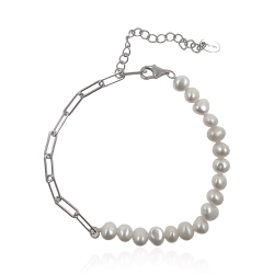 MARTIN1985 Damen Paperclip Armband 925 Sterling Silber Süßwasserzuchtperlen mit Geschenkverpackung
