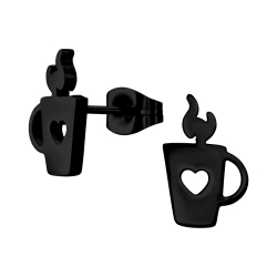 Ohrringe Ohrstecker 316L Chirurgenstahl Kaffeetasse schwarz mit Herz