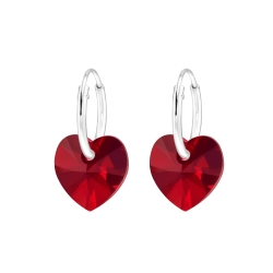 Creolen Ohrringe 925 Sterling Silber mit Kristallherz in dunkelrot