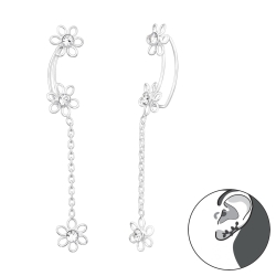 Ear Climber 925 Sterling Silber Blumen-Ohrstecker mit Kristallen und hängender Blume