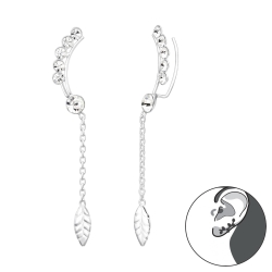 Geometrische Ear Climber 925 Sterling Silber mit Kristallen und hängendem Blatt Ohrstecker Ohrklemme