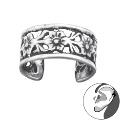 925 Sterling Silber Ohrmanschette mit geschwärztem Blumen-Muster Ear Cuff Ohrklemme