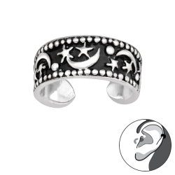 925 Sterling Silber Ohrmanschette mit geschwärztem Mond-Sterne-Muster Ear Cuff Ohrklemme