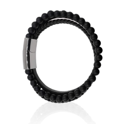 MARTIN1985 Hochwertiges Echtleder Armband Schwarze Achatperlen Unisex Damen Herren mit magnetischem Edelstahlverschluss Geschenkverpackung
