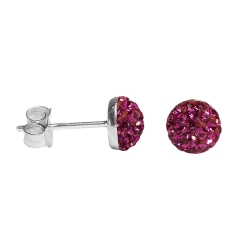 Ohrstecker 925 Sterling mit Glitzer-Halbkugel in dunklem pink