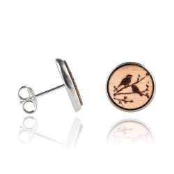 Holzohrstecker Edelstahl mit Vögel auf Ast in Buchenholz