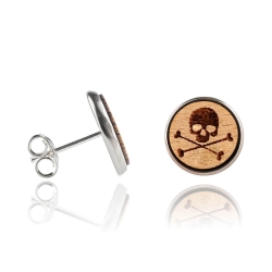 Holzohrstecker Edelstahl mit Totenkopf in Buchenholz