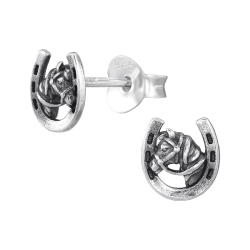 Ohrringe Ohrstecker 925 Sterling Silber Hufeisen mit Pferdekopf
