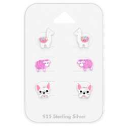 Kinder Ohrringe Ohrstecker Set 925 Sterling Silber mit Alpaka, Schaf & Französischer Bulldogge