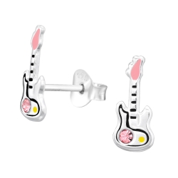 Kinder Ohrringe 925 Sterling Silber Ohrstecker E-Gitarre mit pinkem Kristall