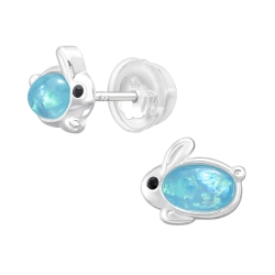 Kinder Ohrringe Ohrstecker 925 Sterling Silber Hase mit Kristall und synthetischem Opal