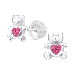 Kinder Ohrringe Ohrstecker 925 Sterling Silber Teddybär mit Kristallen in pink