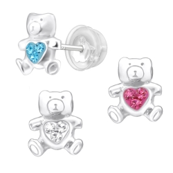 Kinder Ohrringe Ohrstecker 925 Sterling Silber Teddybär mit Kristallen in verschiedenen Farben