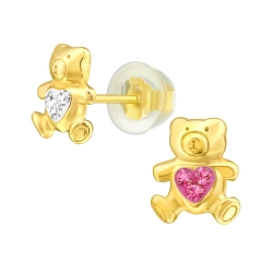 Kinder Ohrringe Ohrstecker 925 Sterling Silber vergoldet Teddybär mit Kristallen in verschiedenen Farben