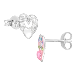 Kinder Ohrringe Ohrstecker 925 Sterling Silber Herz in pink mit Kristallen